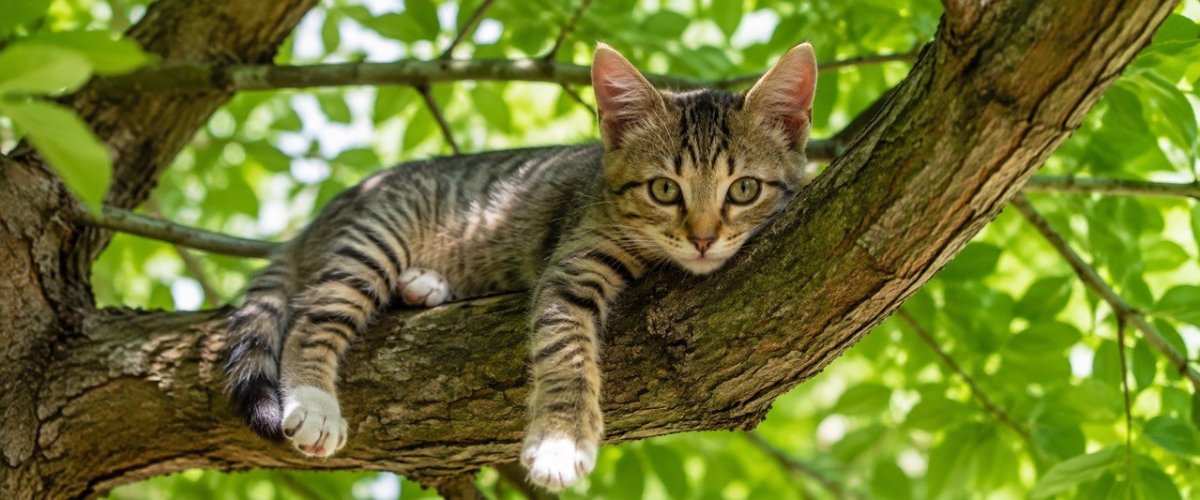 кошка лежит на ветке на дереве